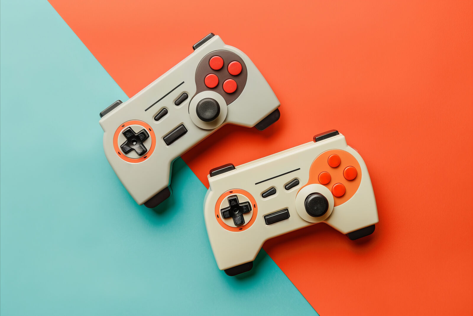 Home flat lay view of vintage 1980s computer game controllers on a bright color background