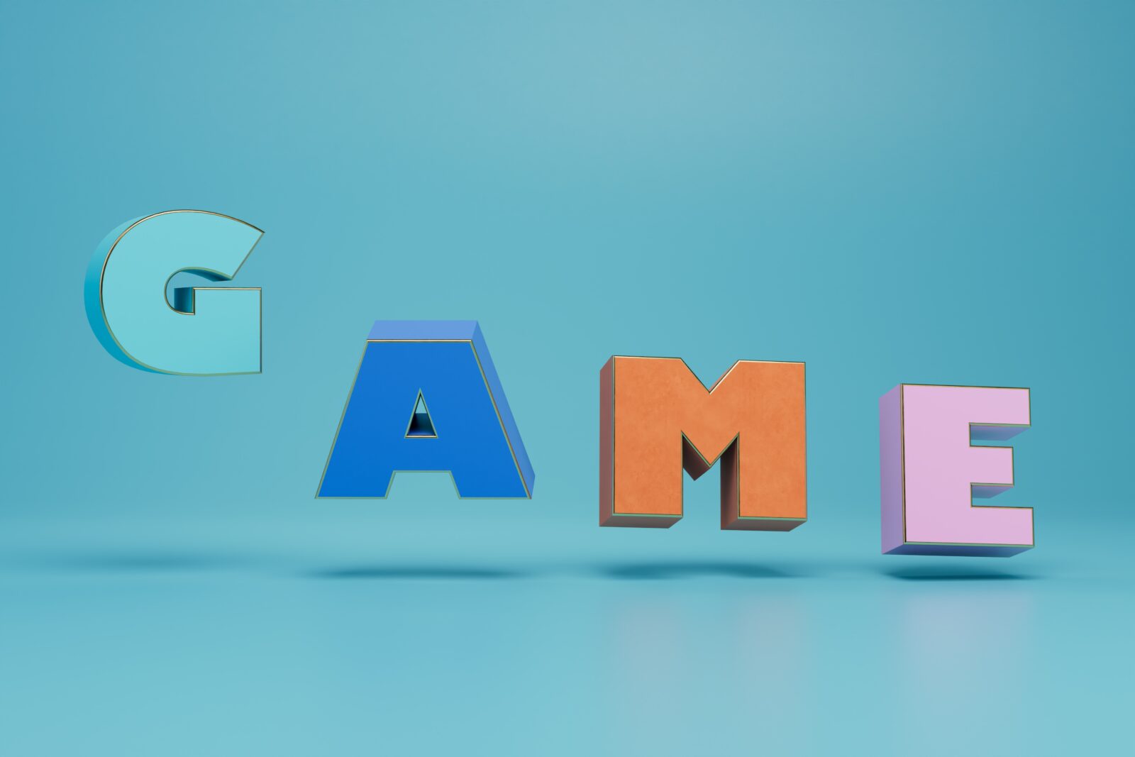 Home the inscription game consists of large multi colored letters on a blue background. 3d render