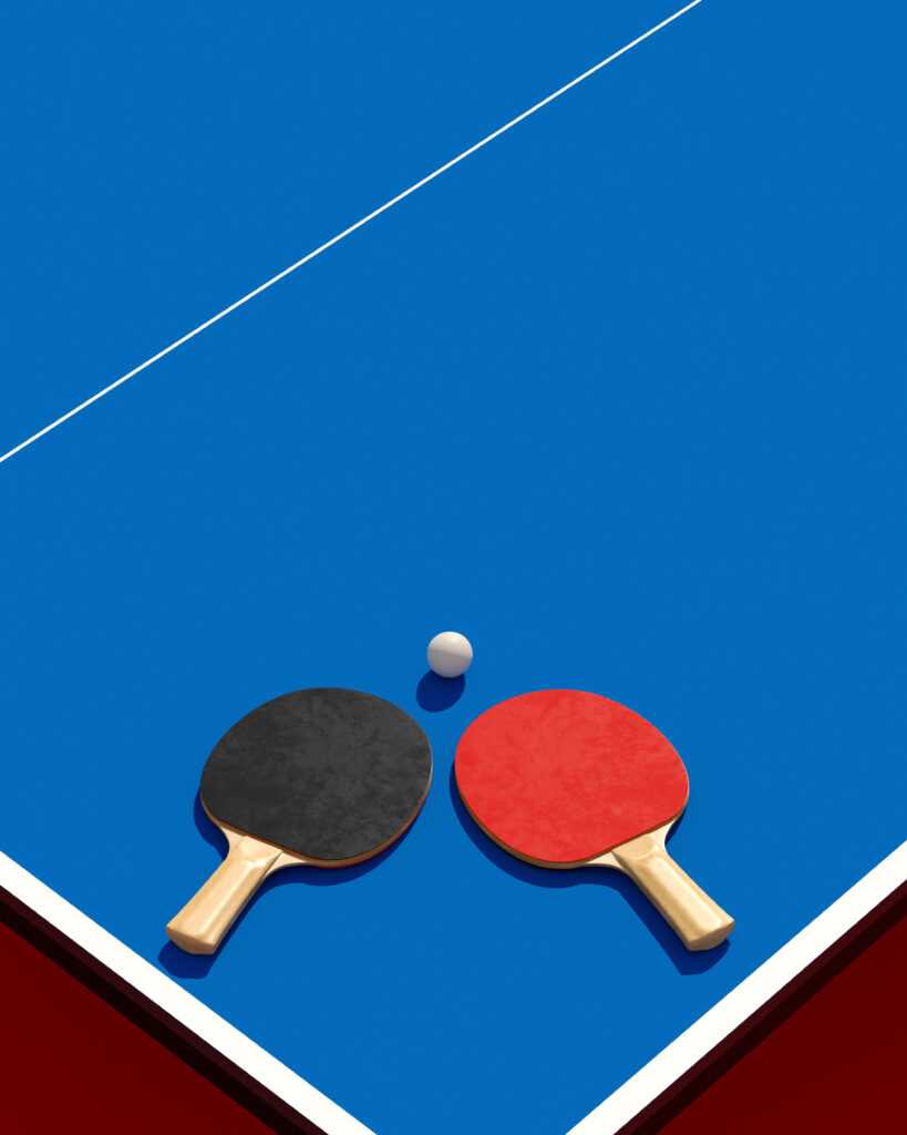 poster two table tennis or ping pong rackets and ball on a table with net 3d illustration