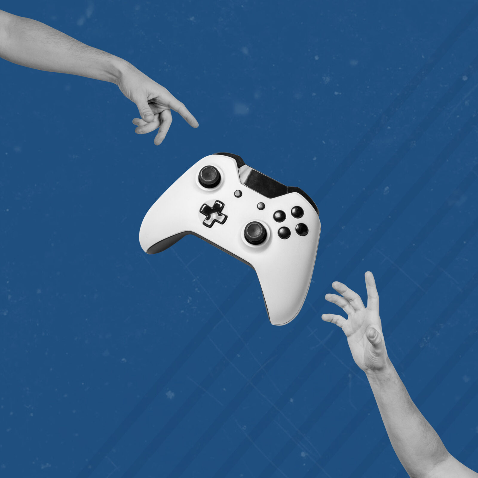 two hand catching a flying joystick on a creative abstract blue